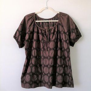 Apostrophe Womens Tyrian Brown Keyhole Neck Eyelet Blouse Top Size XL